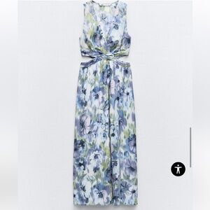 NWT ZARA BLUE METALLIC THREAD PRINTED CUT OUT MAXI DRESS Size L